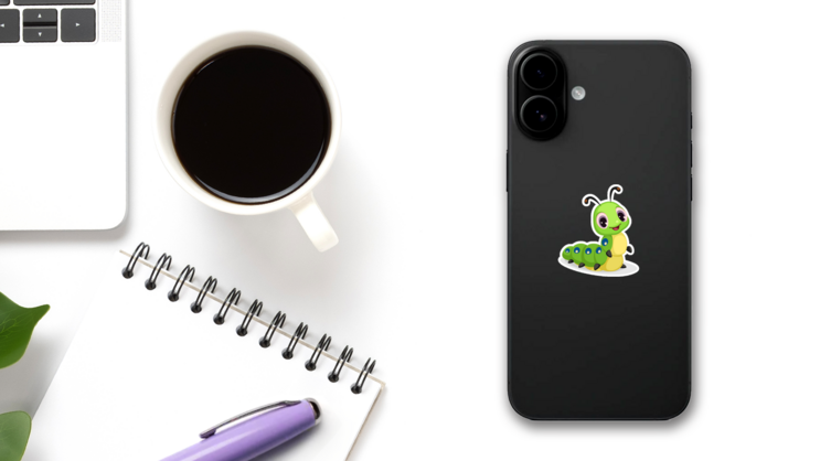 Cute Caterpillar Cartoon Big Eyes Sticker on a Phone (New) example