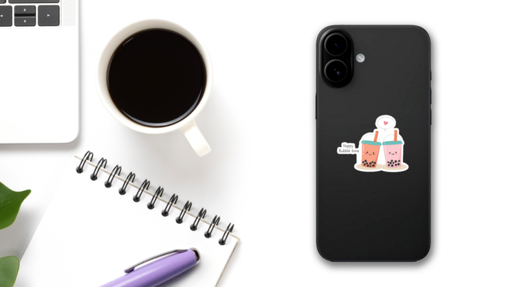 Cute Couple Bubble Milk Sticker on a Phone (New) example