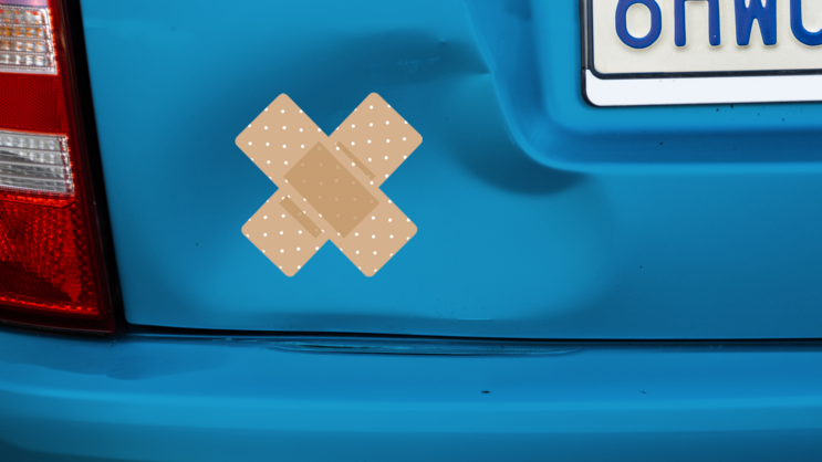 Cute Crossed Band Aid Bandage Sticker on a Dented Car example