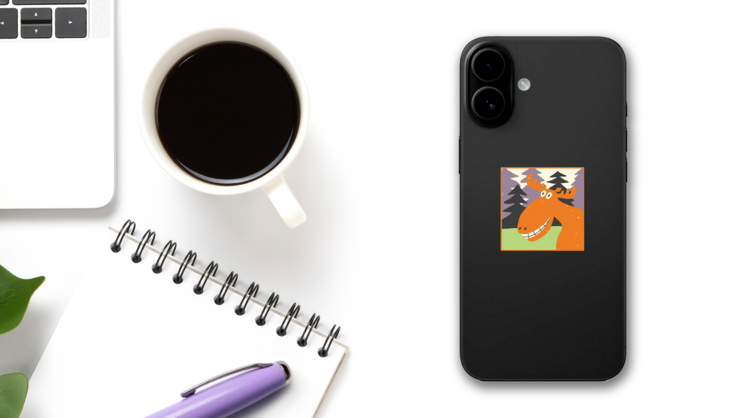 Cute Drawn Moose In Woods Sticker on a Phone (New) example