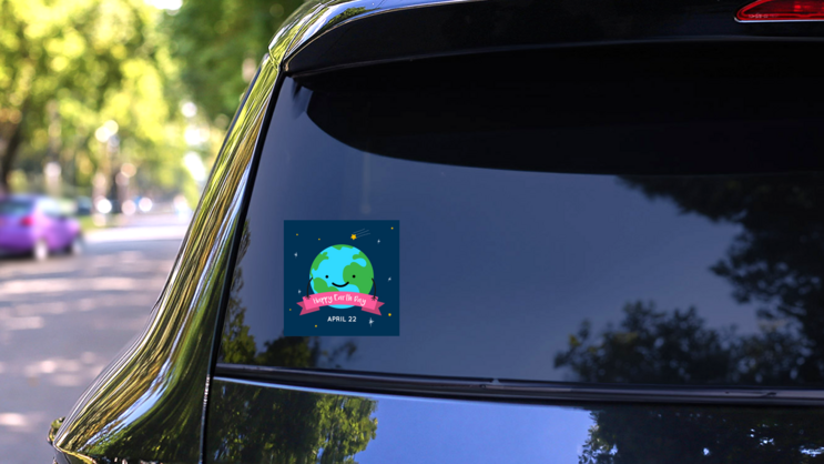 Cute Earth Day Cartoon Card Sticker on a Rear Car Window (New) example