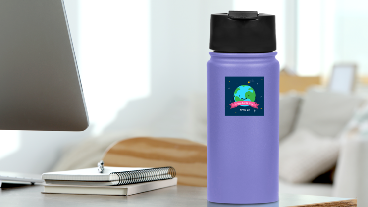 Cute Earth Day Cartoon Card Sticker on a Water Bottle (New) example
