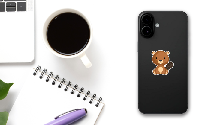 Cute Funny Sitting Baby Beaver Sticker on a Phone (New) example