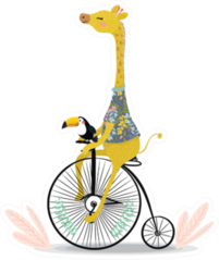 Cute Giraffe And Toucan On Bicycle Illustration Sticker