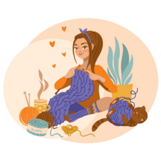 Cute Girl Knitting A Scarf While Sitting At Home Sticker
