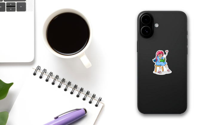 Cute Girl Reading A Book Cartoon Sticker on a Phone (New) example