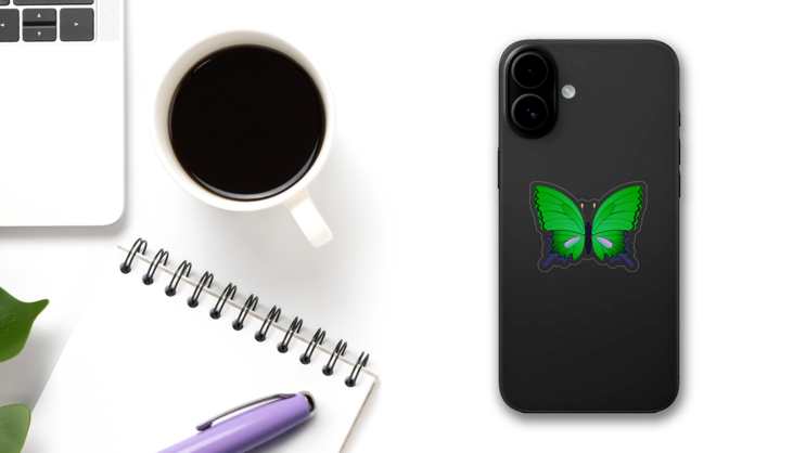 Cute Green Butterfly Sticker on a Phone (New) example