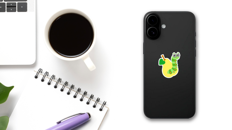 Cute Green Caterpillar On A Yellow Pear Sticker on a Phone (New) example