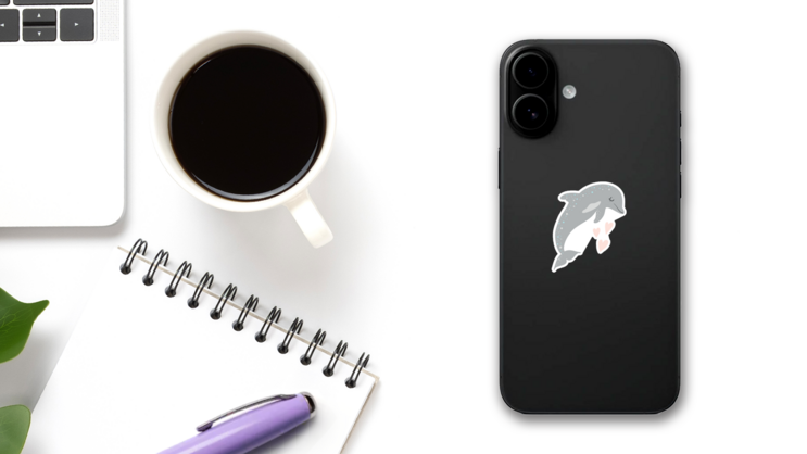 Cute Grey Dolphin Heart Art Sticker on a Phone (New) example