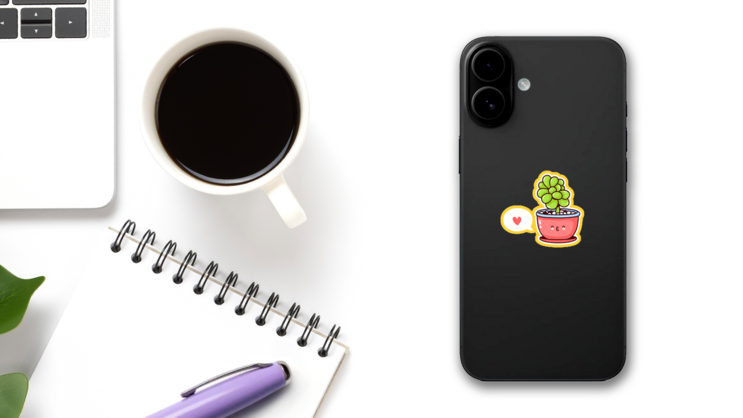 Cute Happy Kawaii Potted Succulent Sticker on a Phone (New) example
