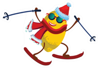 Cute Happy Lemon In Santa Claus Hat Skiing With Ski Poles Sticker