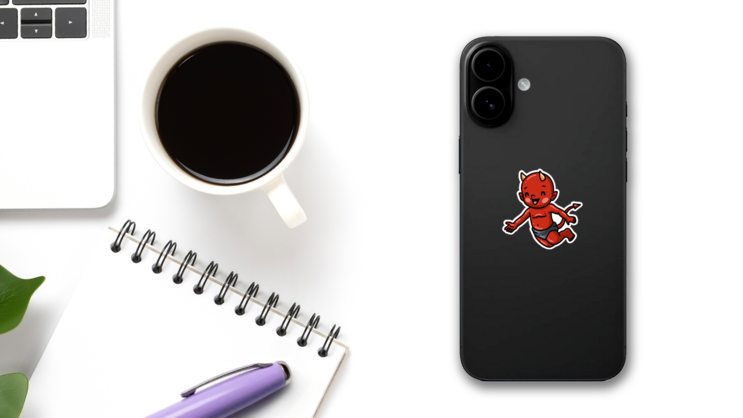 Cute Happy Little Devil Sticker on a Phone (New) example
