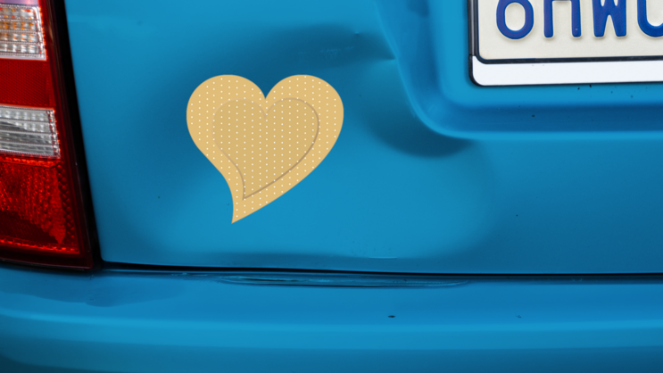 Cute Heart Band Aid Bandage Sticker on a Dented Car example