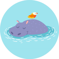 Cute Hippo And Bird On The Water Background Sticker