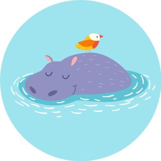 Cute Hippo And Bird On The Water Background Sticker
