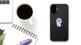 Cute Jellyfish Cartoon Purple And Blue Sticker on a Phone (New) example