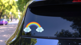 Cute Kawaii Rainbow Character Sticker on a Rear Car Window (New) example