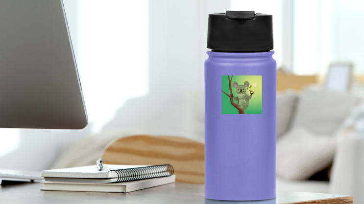 Cute Koala Character Eating Eucalyptus Leaves Sticker on a Water Bottle (New) example