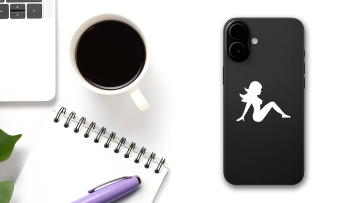 Cute Lady Sitting Silhouette Sticker on a Phone (New) example