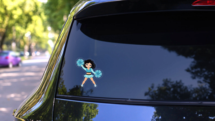 Cute Light Blue Cheerleading Sticker on a Rear Car Window (New) example