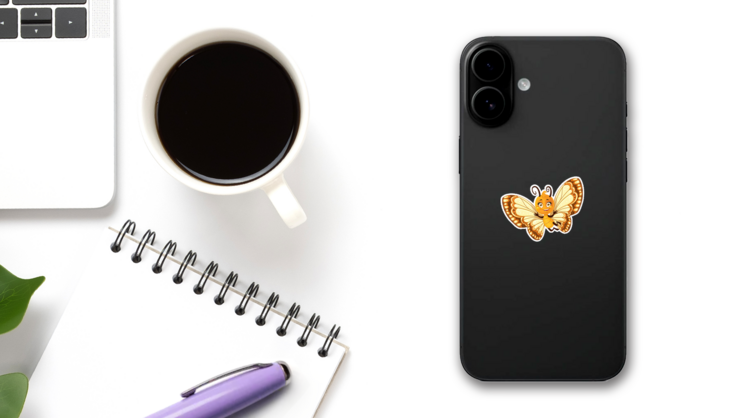 Cute Little Butterfly With Yellow And Brown Ornament Wings Sticker on a Phone (New) example