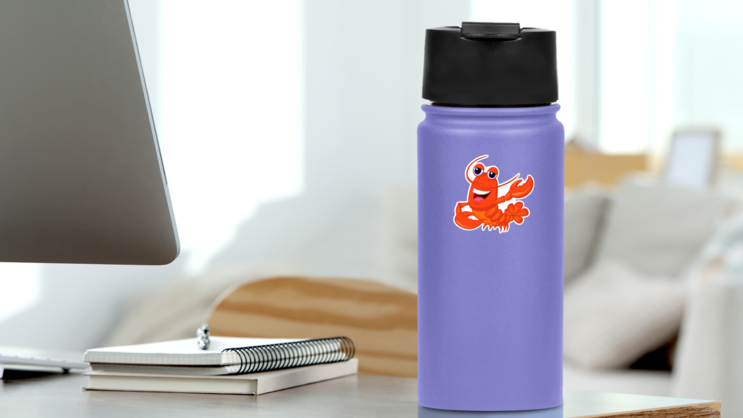 Cute Lobster Cartoon Waving Sticker on a Water Bottle (New) example