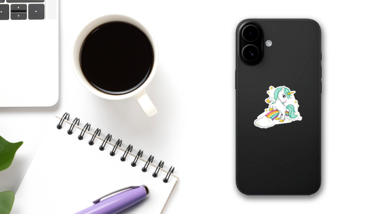 Cute Magical Unicorn And Rainbow Sticker on a Phone (New) example
