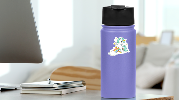Cute Magical Unicorn And Rainbow Sticker on a Water Bottle (New) example
