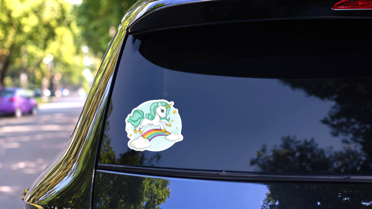 Cute Magical Unicorn On Rainbow Sticker on a Rear Car Window (New) example