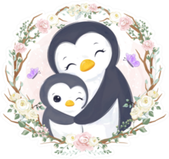 Cute Mommy And Baby Penguin Illustration In Watercolor Sticker