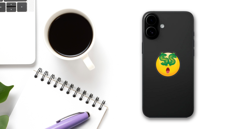 Cute Money Eyes Dollars Emoji Sticker on a Phone (New) example