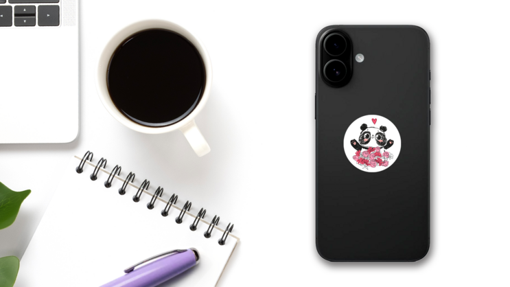 Cute Panda Bear In Flowers Sticker on a Phone (New) example