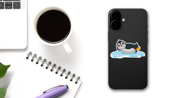 Cute Penguin Cartoon On Ice Float Sticker on a Phone (New) example