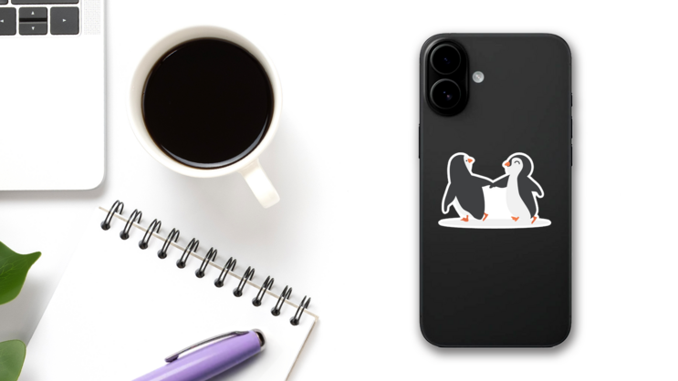 Cute Penguin Couple Cheerful Cartoon Sticker on a Phone (New) example
