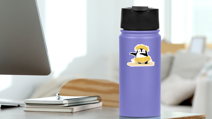 Cute Penguin Dancing Hawaiian Hula Sticker on a Water Bottle (New) example