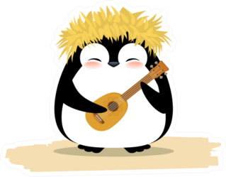 Cute Penguin In Hawaiian Yellow Grass Wreath And Ukulele Sticker