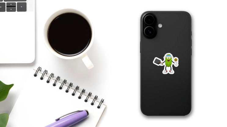 Cute Pickle Pickleballer Sticker on a Phone (New) example