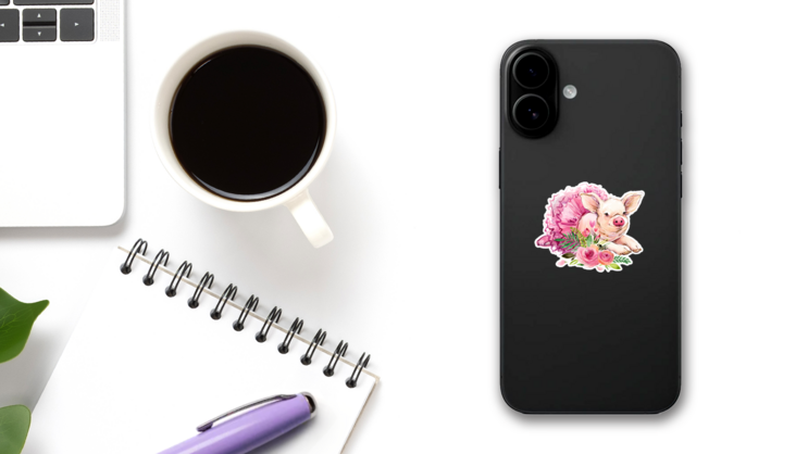 Cute Pig In Dress Watercolor Illustration Sticker on a Phone (New) example