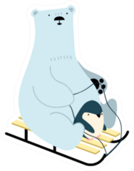 Cute Polar Bear And Penguin On Sled Sticker