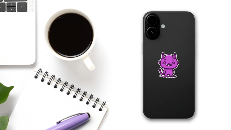 Cute Purple Evil Devil Sticker on a Phone (New) example