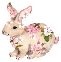 Cute Rabbit In Flowers. Watercolor Sticker