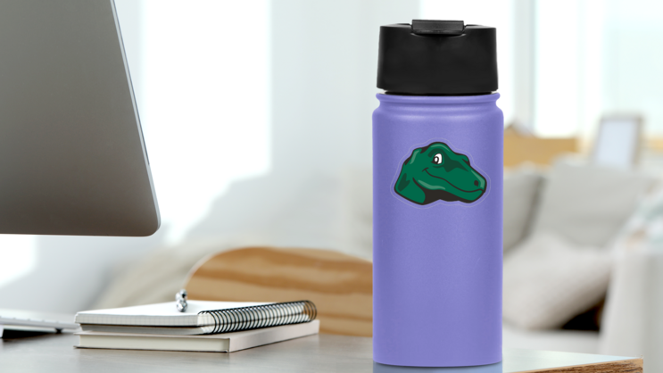 Cute Raptor Mascot Sticker on a Water Bottle (New) example