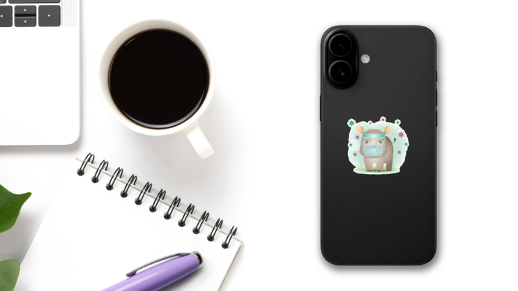 Cute Rhino Using Face Shield And Mask Sticker on a Phone (New) example