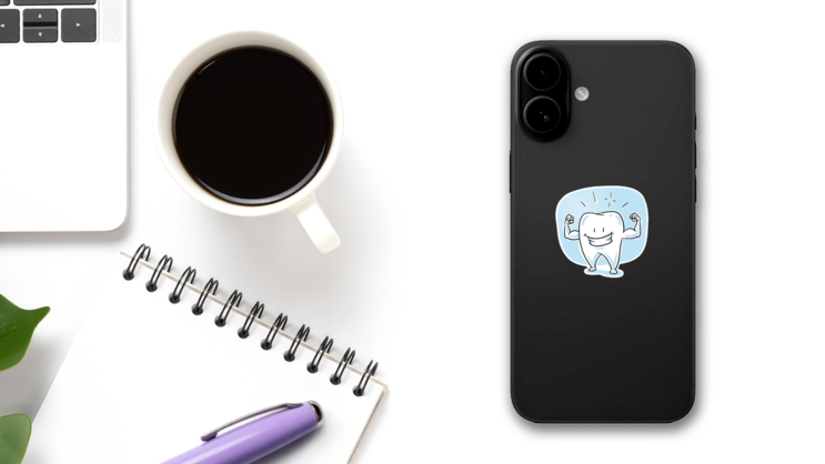 Cute Shiny, Healthy Cartoon Tooth Showing His Strong Arms Sticker on a Phone (New) example