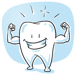 Cute Shiny, Healthy Cartoon Tooth Showing His Strong Arms Sticker