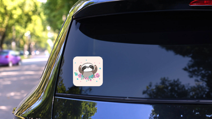 Cute Sloth In Flowers Sticker on a Rear Car Window (New) example
