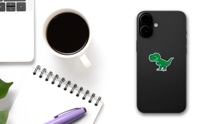 Cute Smiling Green Tyrannosaurus Rex Sticker on a Phone (New) example