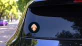 Cute Smiling Happy Magic Psilocybin Mushroom Cartoon Sticker on a Rear Car Window (New) example