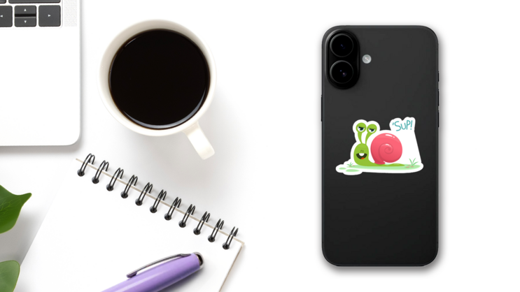 Cute Snail Cartoon Saying Sup Sticker on a Phone (New) example