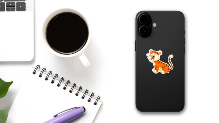 Cute Tiger Cartoon Roaring Sticker on a Phone (New) example